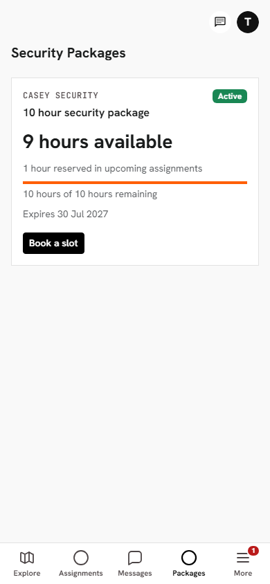 Client package balance showing ten hours available