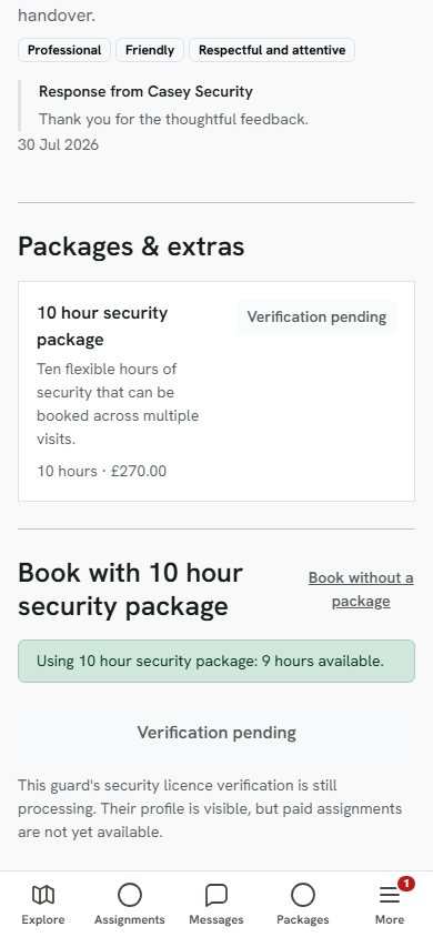 Client choosing an available security slot included in a package
