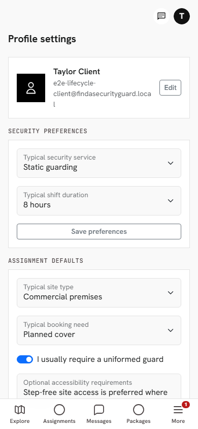 Find a Security Guard client site and security preferences