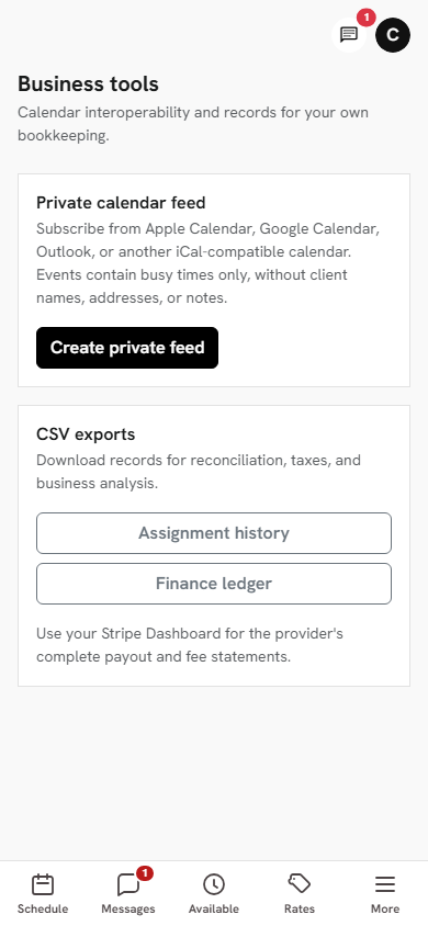 Guard business tools for a private calendar feed and CSV exports