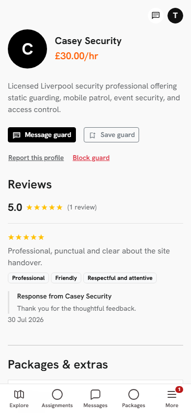 A verified guard profile with services and available times