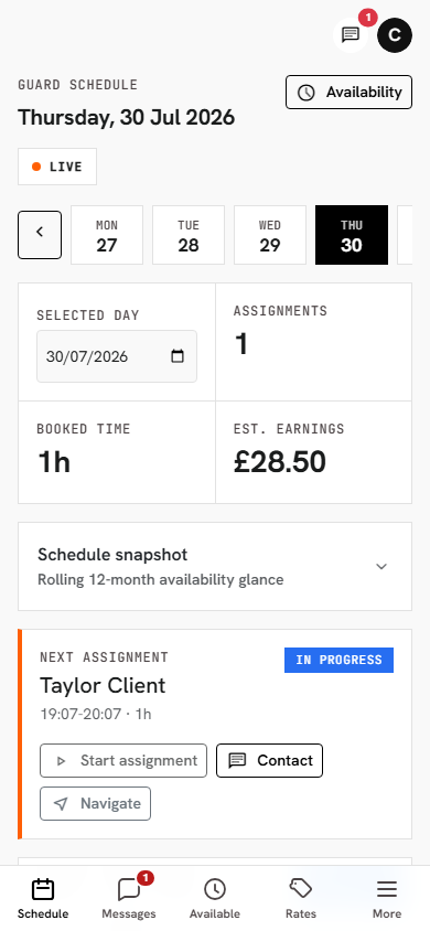 Find a Security Guard guard schedule showing bookings and daily earnings