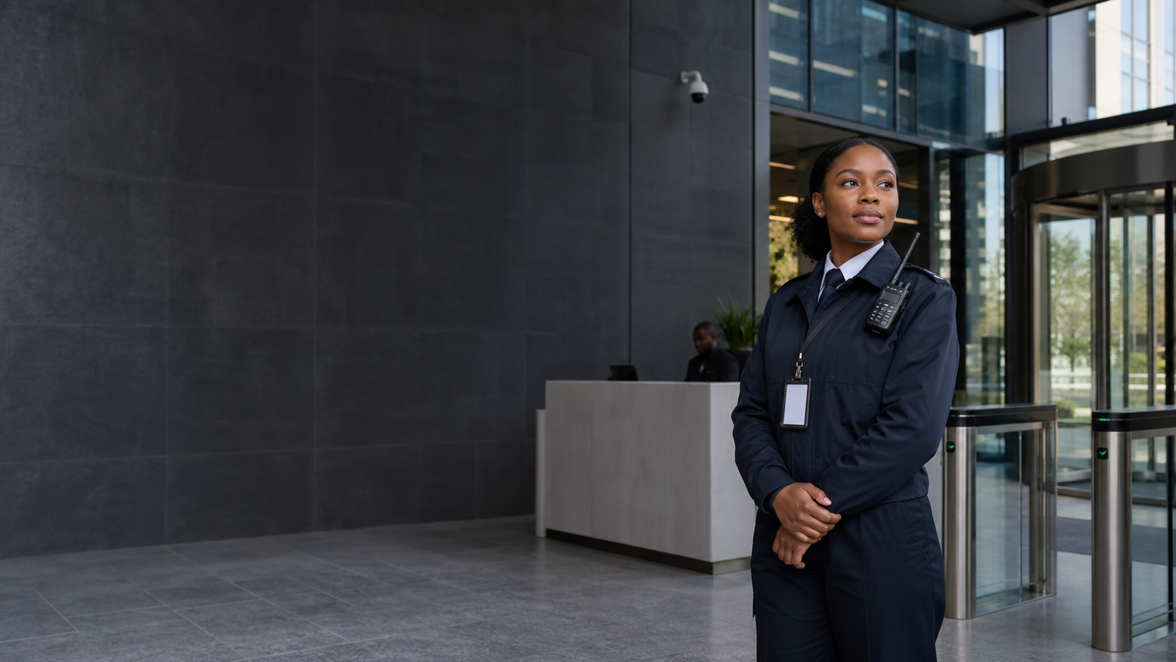 A licensed security professional at a modern commercial entrance